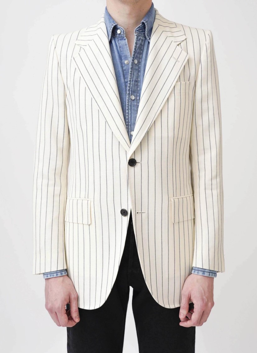 HUSBANDS PARIS : SINGLE-BREASTED WOOL, SILK AND LINEN JACKET – IVORY WITH BLUE STRIPES
