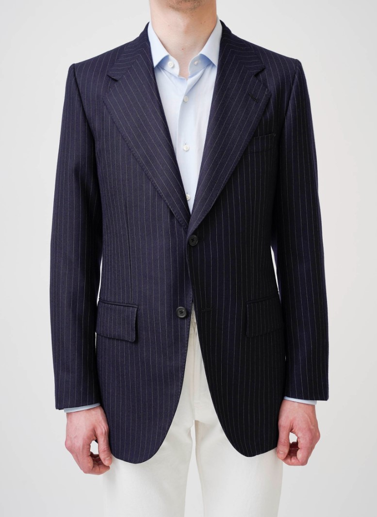 HUSBANDS PARIS : SINGLE-BREASTED WOOL TWILL JACKET – NAVY BLUE WITH PINSTRIPES